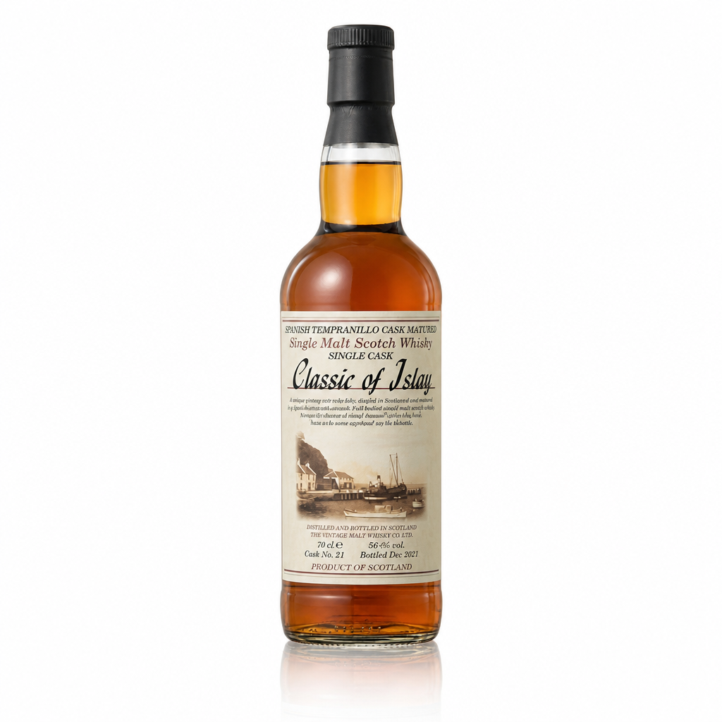 Flasche Classic of Islay Single Malt Scotch Whisky auf Schreibtisch.