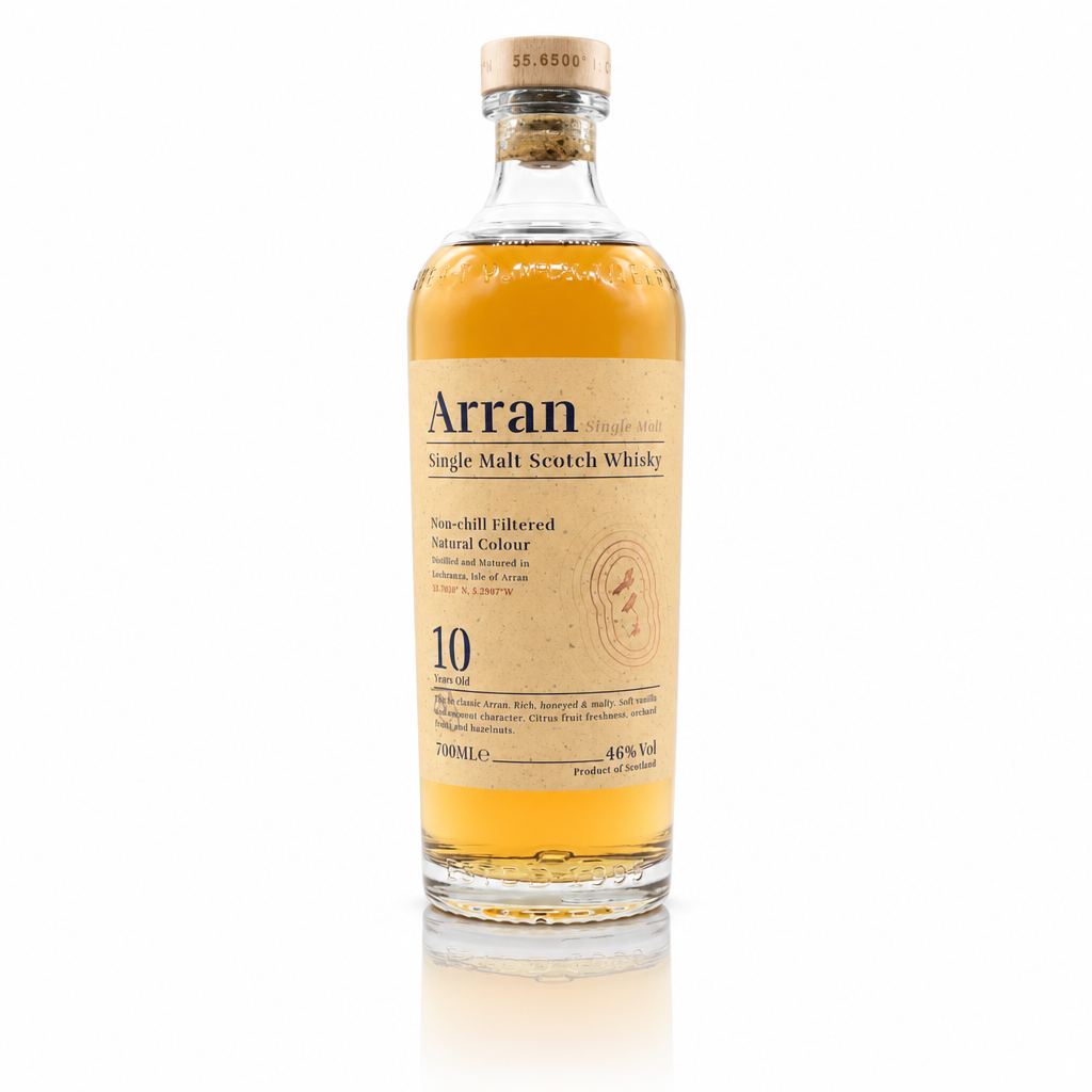 Flasche Arran Single Malt Scotch Whisky, 10 Jahre, 700 ml, 46% Vol., natürliche Farbe.